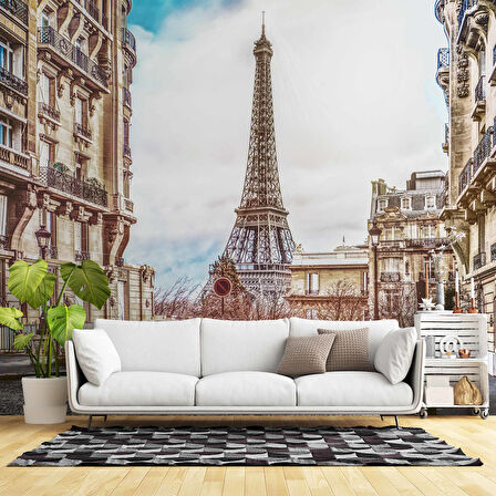 Paris Sokak ve Eyfel Kulesi Manzaralı Duvar Kağıdı Baskı
