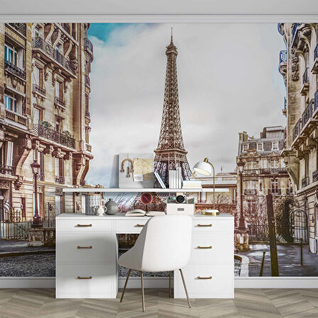 Paris Sokak ve Eyfel Kulesi Manzaralı Duvar Kağıdı Baskı