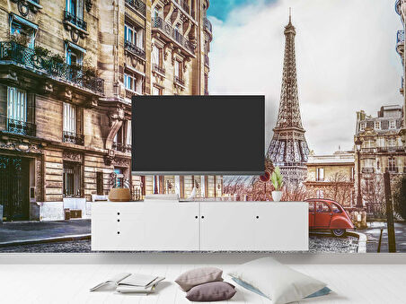 Paris Sokak ve Eyfel Kulesi Manzaralı Duvar Kağıdı Baskı