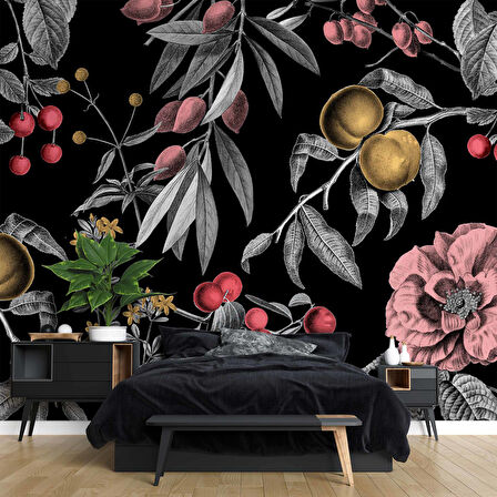 Meyve ve Yaprak Desenli Duvar Kağıdı Baskı