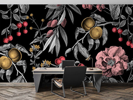 Meyve ve Yaprak Desenli Duvar Kağıdı Baskı