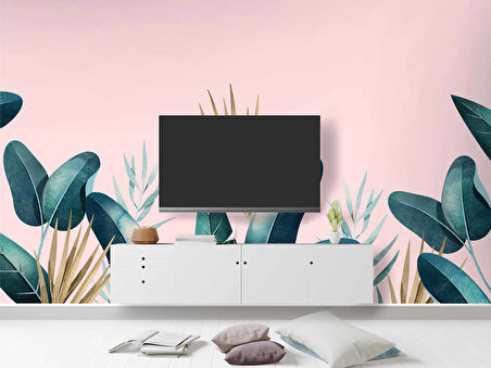 Pembe Zemin ve Yeşil Yaprak Temalı Duvar Kağıdı Baskı