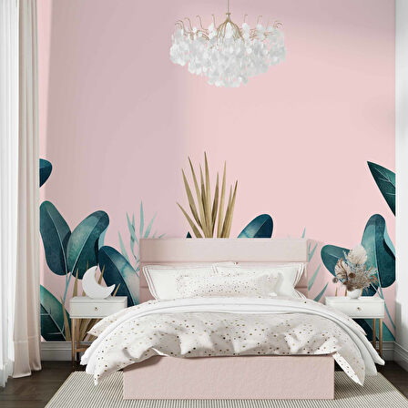 Pembe Zemin ve Yeşil Yaprak Temalı Duvar Kağıdı Baskı