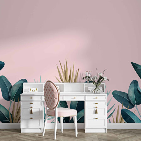 Pembe Zemin ve Yeşil Yaprak Temalı Duvar Kağıdı Baskı