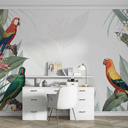 Papağan ve Yeşil Yaprak Temalı Duvar Kağıdı Baskı