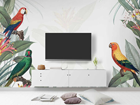 Papağan ve Yeşil Yaprak Temalı Duvar Kağıdı Baskı