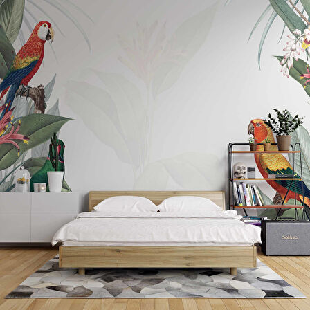 Papağan ve Yeşil Yaprak Temalı Duvar Kağıdı Baskı