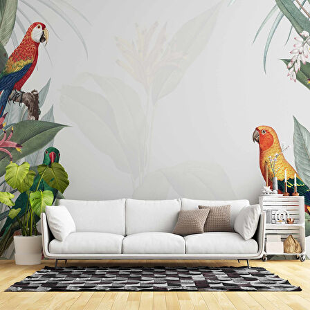 Papağan ve Yeşil Yaprak Temalı Duvar Kağıdı Baskı