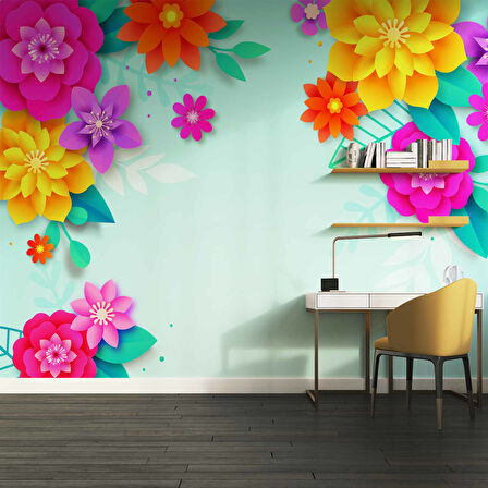 Mavi Arkaplan ve Renkli Çiçek Temalı Duvar Kağıdı