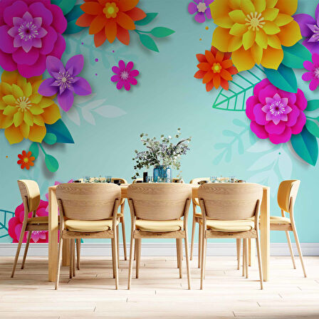 Mavi Arkaplan ve Renkli Çiçek Temalı Duvar Kağıdı