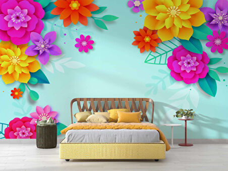 Mavi Arkaplan ve Renkli Çiçek Temalı Duvar Kağıdı