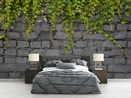 Gri Tuğla Duvar ve Sarmaşık Duvar Kağıdı