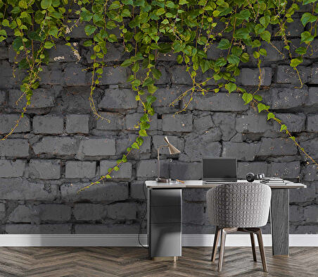 Gri Tuğla Duvar ve Sarmaşık Duvar Kağıdı