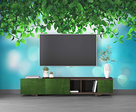 Mavi Parıltılı Zeminli Yaprak Temalı Duvar Kağıdı