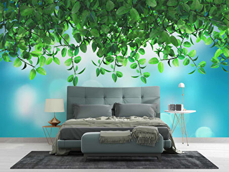 Mavi Parıltılı Zeminli Yaprak Temalı Duvar Kağıdı