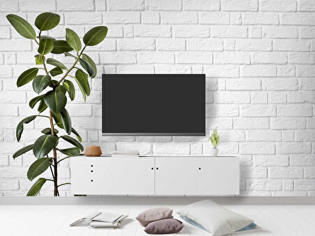 Beyaz Tuğla Zeminli Yaprak Temalı Duvar Kağıdı