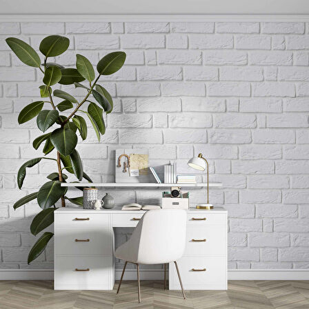 Beyaz Tuğla Zeminli Yaprak Temalı Duvar Kağıdı