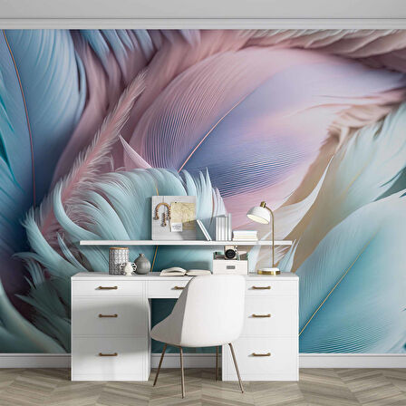 Soft Mavi Pembe Tüy Desenli Duvar Kağıdı Baskı