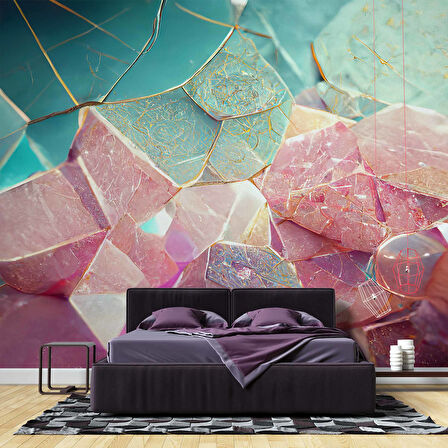 3 Boyutlu Mavi Pembe Kristal Temalı Duvar Kağıdı
