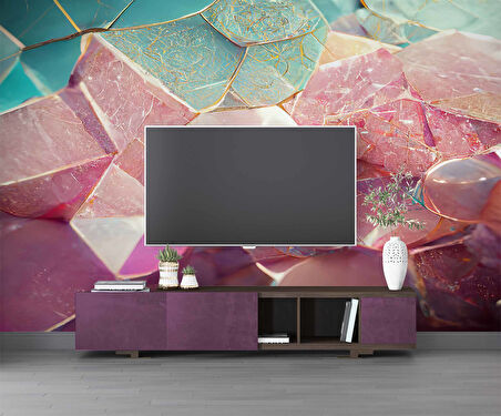 3 Boyutlu Mavi Pembe Kristal Temalı Duvar Kağıdı