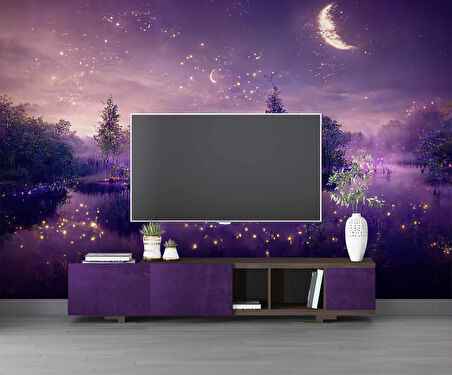 Mor Romantik Gece Göl Kenarı Temalı Duvar Kağıdı Baskı