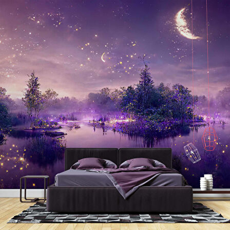 Mor Romantik Gece Göl Kenarı Temalı Duvar Kağıdı Baskı