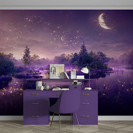 Mor Romantik Gece Göl Kenarı Temalı Duvar Kağıdı Baskı