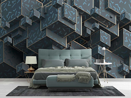 3 Boyutlu Yeşil Küp Temalı Duvar Kağıdı