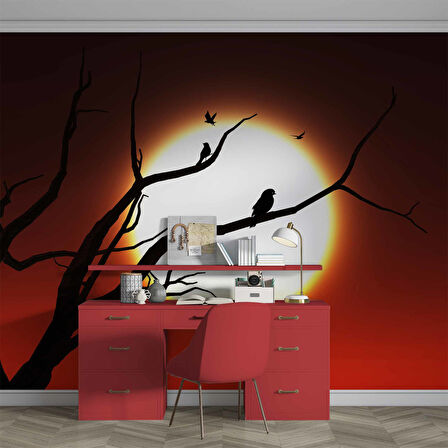 Kızıl Ay ve Ağaç Temalı Duvar Kağıdı