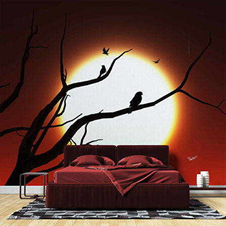 Kızıl Ay ve Ağaç Temalı Duvar Kağıdı