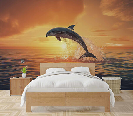 Gün Batımı ve Yunus Balığı Temalı Duvar Kağıdı