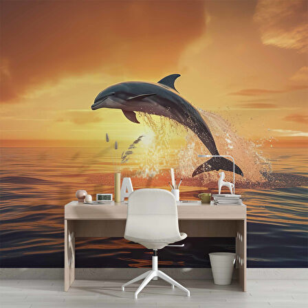 Gün Batımı ve Yunus Balığı Temalı Duvar Kağıdı