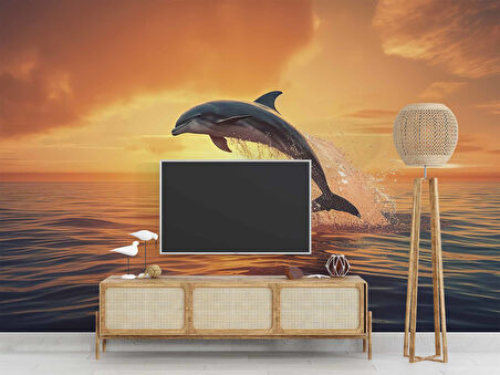 Gün Batımı ve Yunus Balığı Temalı Duvar Kağıdı