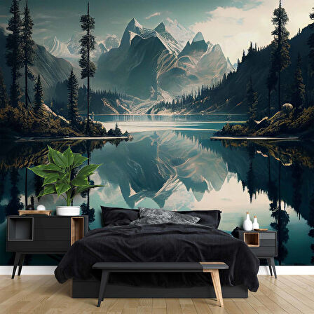 Orman ve Dağ Sanatsal Çizim Manzaralı Duvar Kağıdı