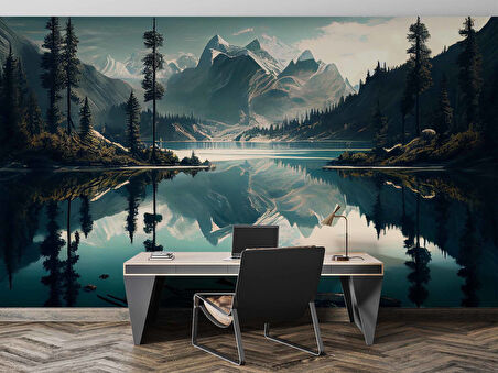 Orman ve Dağ Sanatsal Çizim Manzaralı Duvar Kağıdı