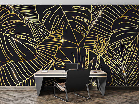 Siyah Zemin ve Altın Yaprak Temalı Duvar Kağıdı