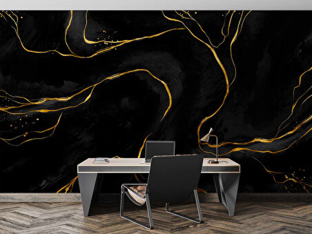 Siyah Zemin ve Altın Hat Mermer Temalı Duvar Kağıdı
