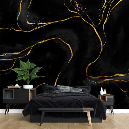 Siyah Zemin ve Altın Hat Mermer Temalı Duvar Kağıdı