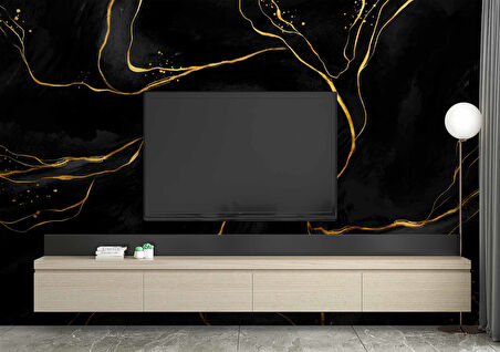 Siyah Zemin ve Altın Hat Mermer Temalı Duvar Kağıdı