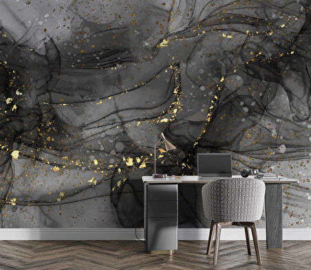 Siyah Zemin ve Altın Damlacıklı Mermer Temalı Duvar Kağıdı