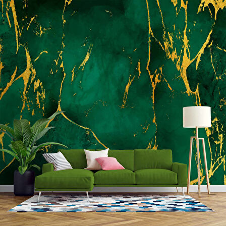 Zümrüt Yeşili Zeminli ve Altın Hat Mermer Temalı Duvar Kağıdı