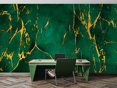 Zümrüt Yeşili Zeminli ve Altın Hat Mermer Temalı Duvar Kağıdı