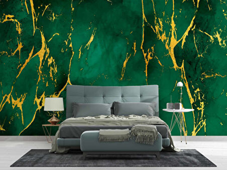 Zümrüt Yeşili Zeminli ve Altın Hat Mermer Temalı Duvar Kağıdı