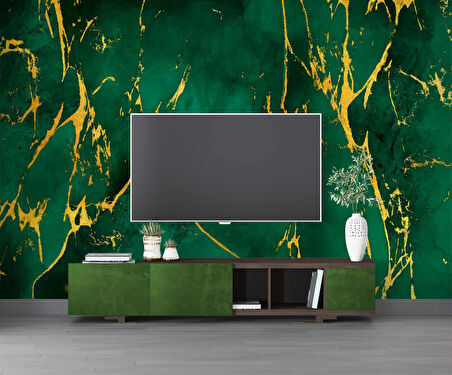 Zümrüt Yeşili Zeminli ve Altın Hat Mermer Temalı Duvar Kağıdı