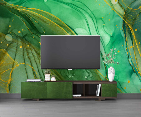 Zümrüt Yeşili ve Altın Mermer Desenli Duvar Kağıdı