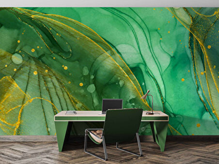 Zümrüt Yeşili ve Altın Mermer Desenli Duvar Kağıdı