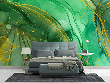 Zümrüt Yeşili ve Altın Mermer Desenli Duvar Kağıdı