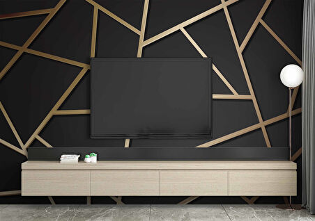 Siyah Zemin ve Altın Geometri Hat Temalı Duvar Kağıdı