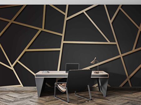Siyah Zemin ve Altın Geometri Hat Temalı Duvar Kağıdı