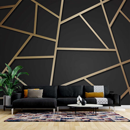 Siyah Zemin ve Altın Geometri Hat Temalı Duvar Kağıdı